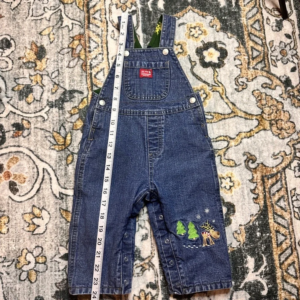 Vtg Old Navy Overalls Holiday Reindeer‎ Embroidered Lined Denim Baby 6-12 Months